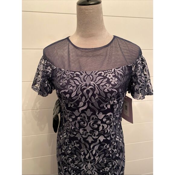 JS Collections Blue Metallic Illusion Yoke Scroll Embroidered Gown NWOT Size 2 - Picture 5 of 13